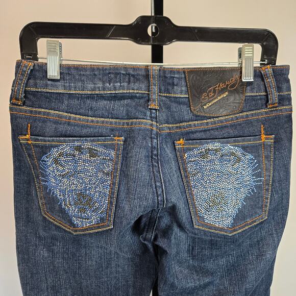 Y2K Ed Hardy Embellished Denim Jeans Low Rise Flare Tiger Crystal Vintage 27 - Picture 4 of 9